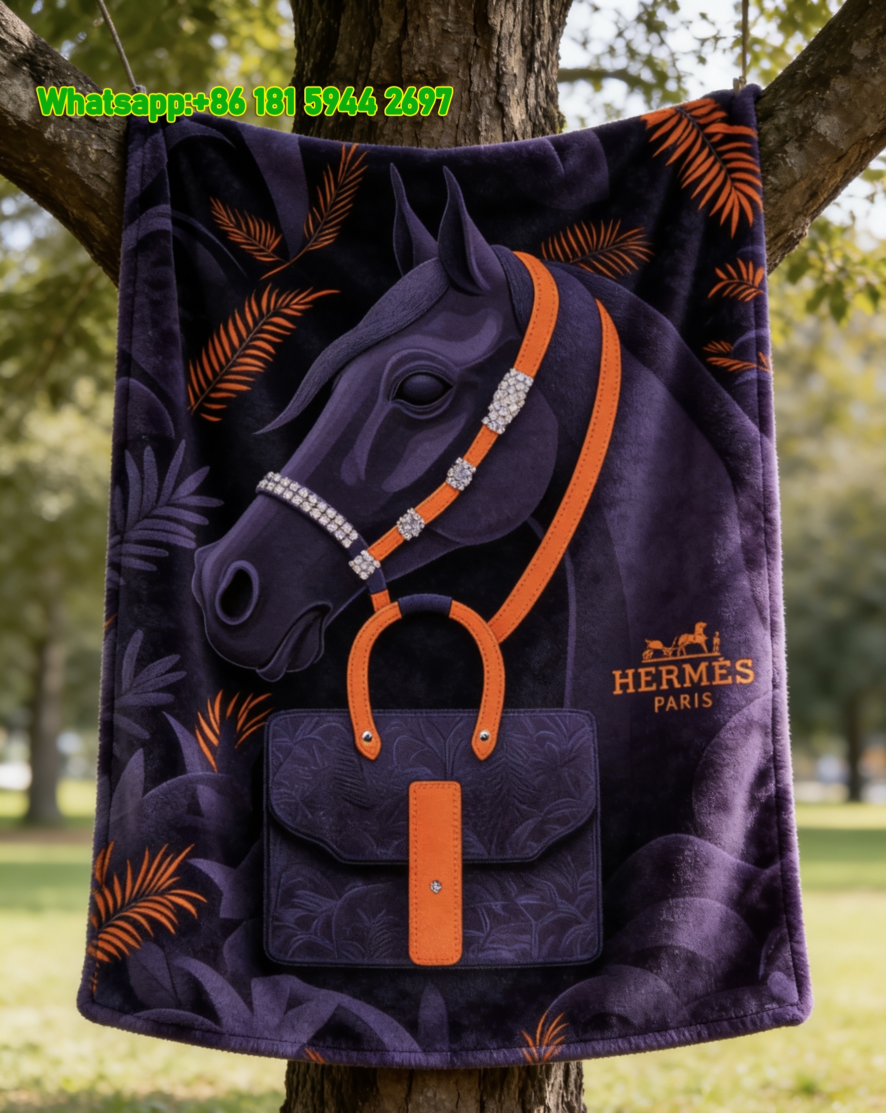 Hermès Navy Blue Horse & Bag Flannel Fleece Throw Blanket IMG_4973